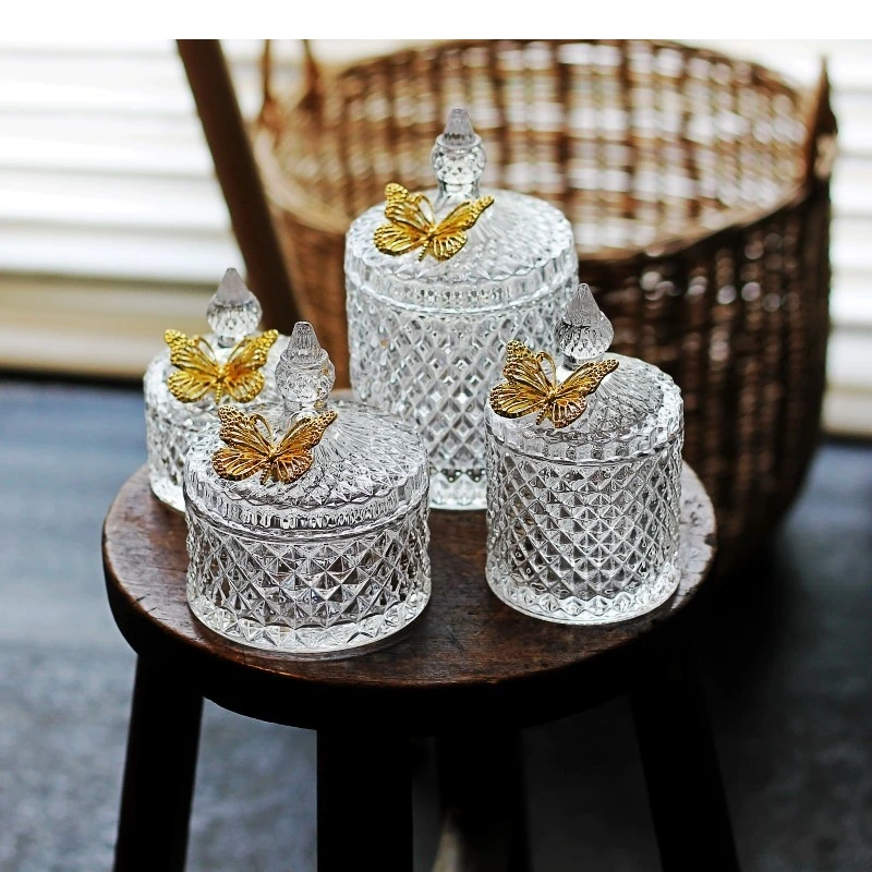 Glass Storage Jars Candy Jar Jewelry Box Golden Decorative Crystal with Lid Spice Organizer