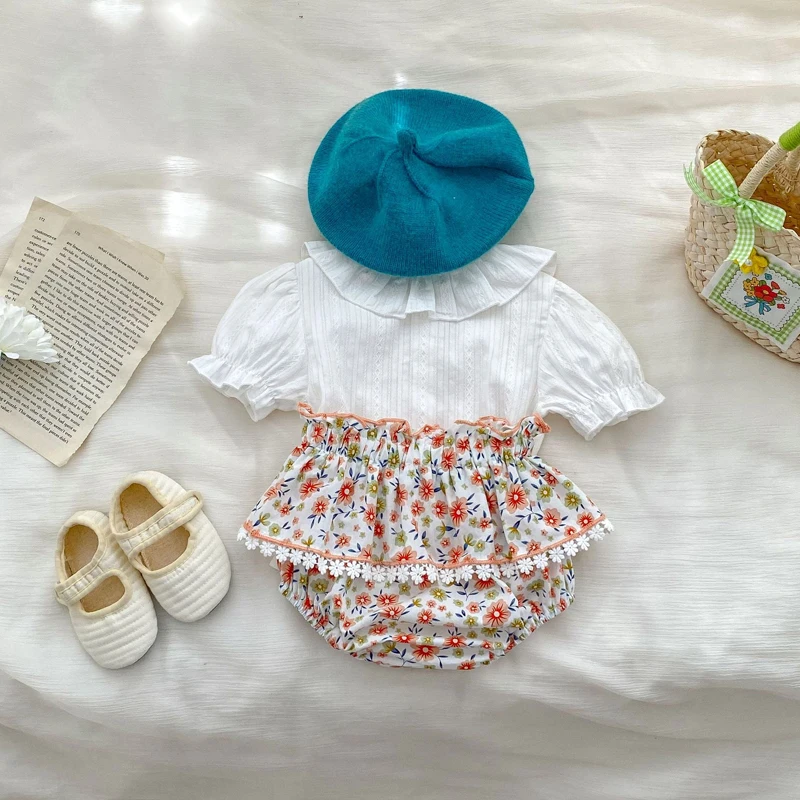 Summer new baby clothing, 0-3 year old girls, small fresh bubble sleeve top+checkered floral skirt pants 2-piece set