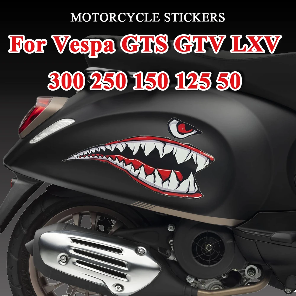 

1 Pair Shark Mouth Motorcycle Stickers Motorbike Side Body Decals For Vespa GTS GTV LXV LX 300 250 200 150 125 Sprint Primavera