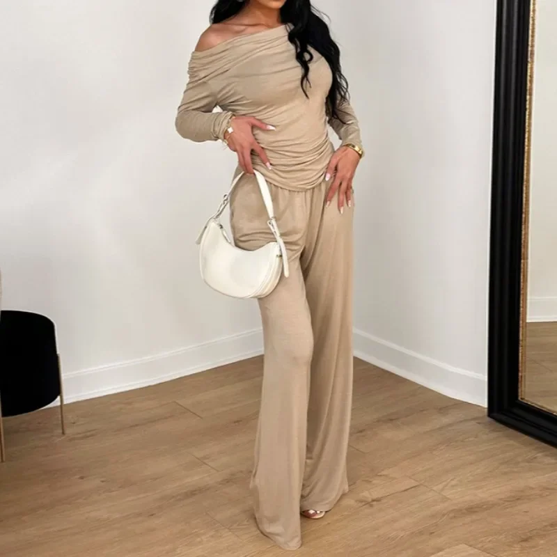 Women Casual Home Suit Solid 2 Piece Set Off Shoulder Long Sleeve Ruched Irregular T-shirts Top + Wide Leg Pants Streetwear