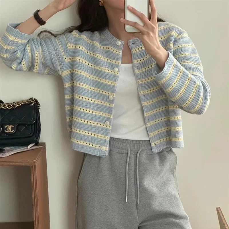 سترة نسائية محبوكة من Thiened مستديرة Ne شريطية للتخسيس ناعمة للخريف والشتاء ملابس خارجية كورية