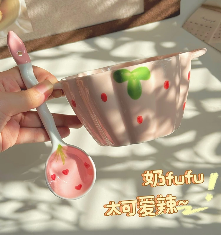 Double ear soup strawberry pink series large capacity household large soup bowl dormitory instant noodle bowl spoon