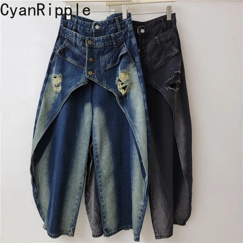 2026 New Autumn Vintage Faux Two-piece Patchwork Women Denim Pants All-match High Waist Casual Curved-blade Jeans Floor-length