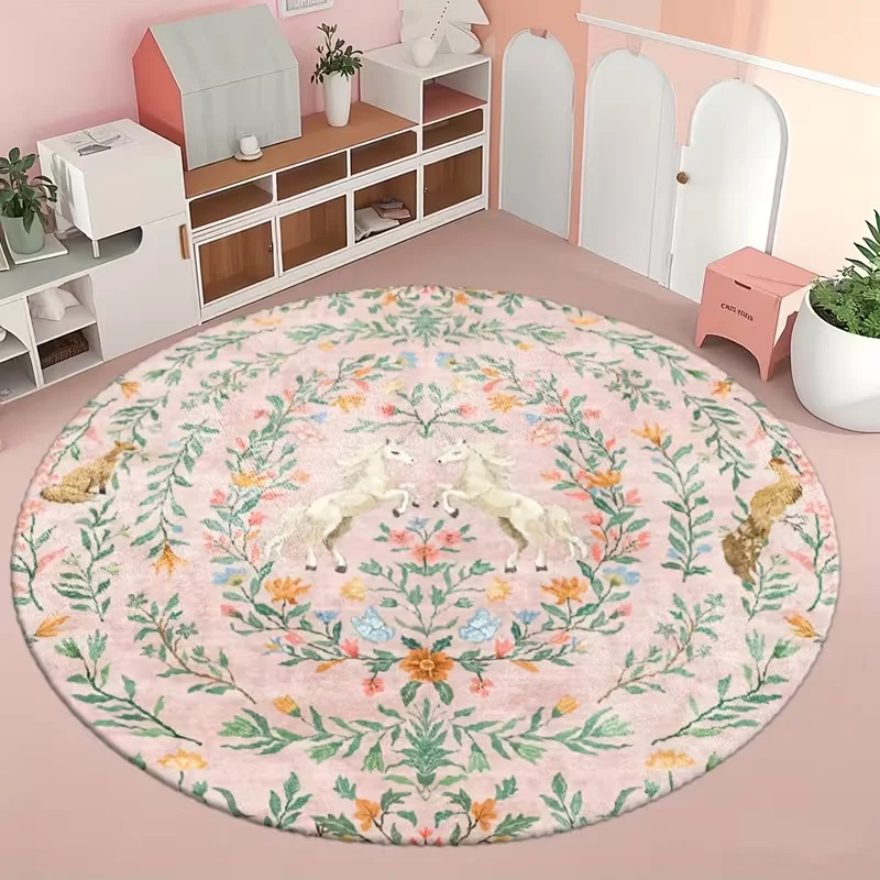 Pink Floral Twin White Unicorn Horse Round Rug Garden Animal Butterfly Pattern Decor Carpet Sweet Princess Home Decor Mat