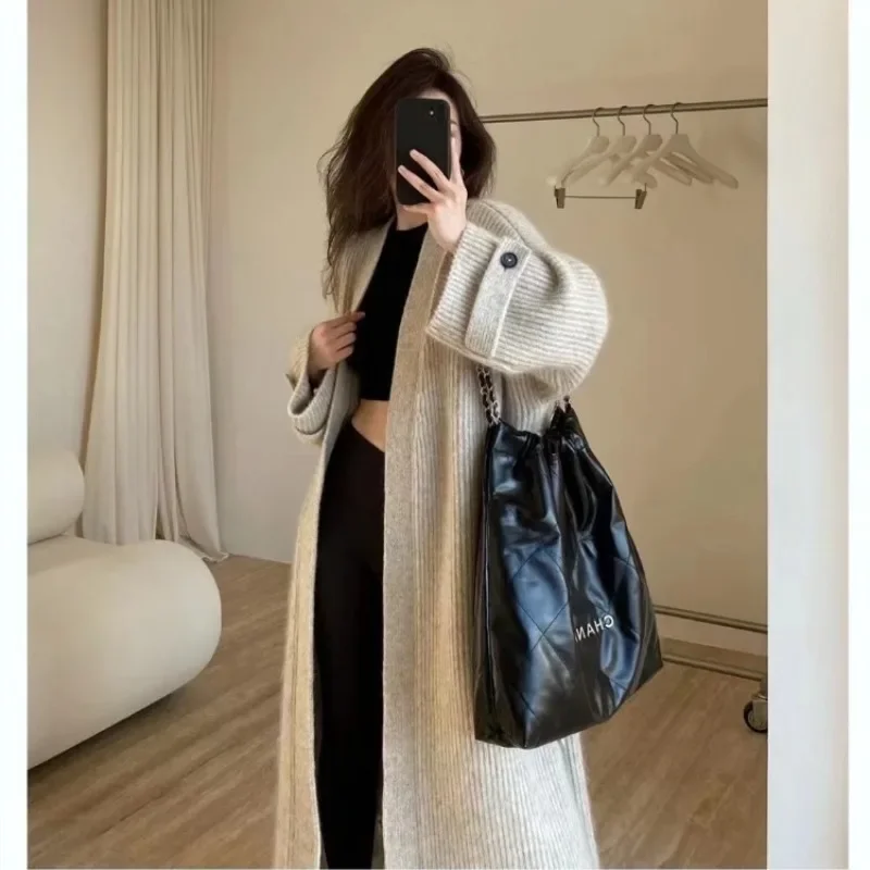 Fashionable Versatile Sweater Jacket Women Lazy Autumn  Winter Retro Temperament Loose Medium Long Knitted Cardigan High-end