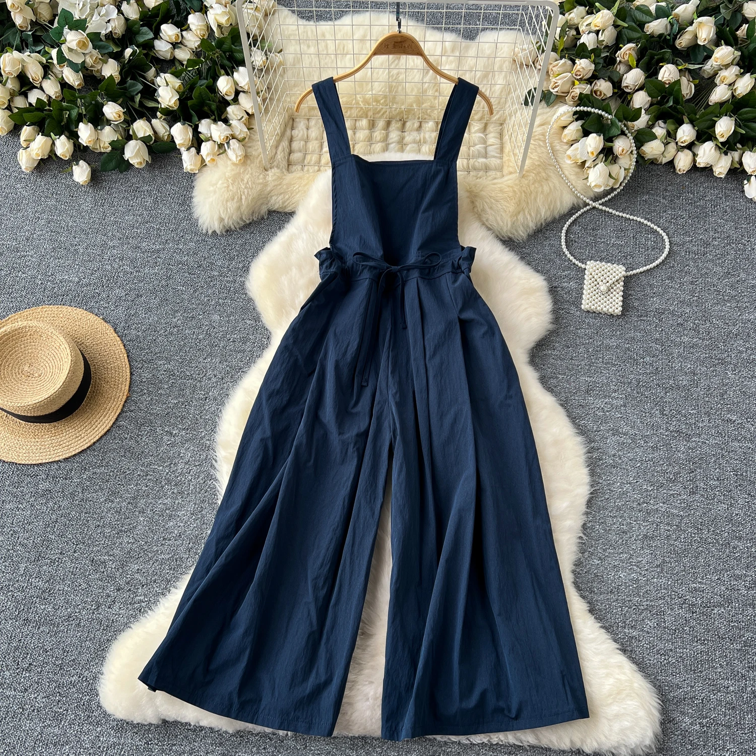 

Gagaok Korean Style Jumpsuits Fashion Solid Summer Slimming Drawstring Slim Waist Wide Leg Overalls Jumpsuit Women Elegance