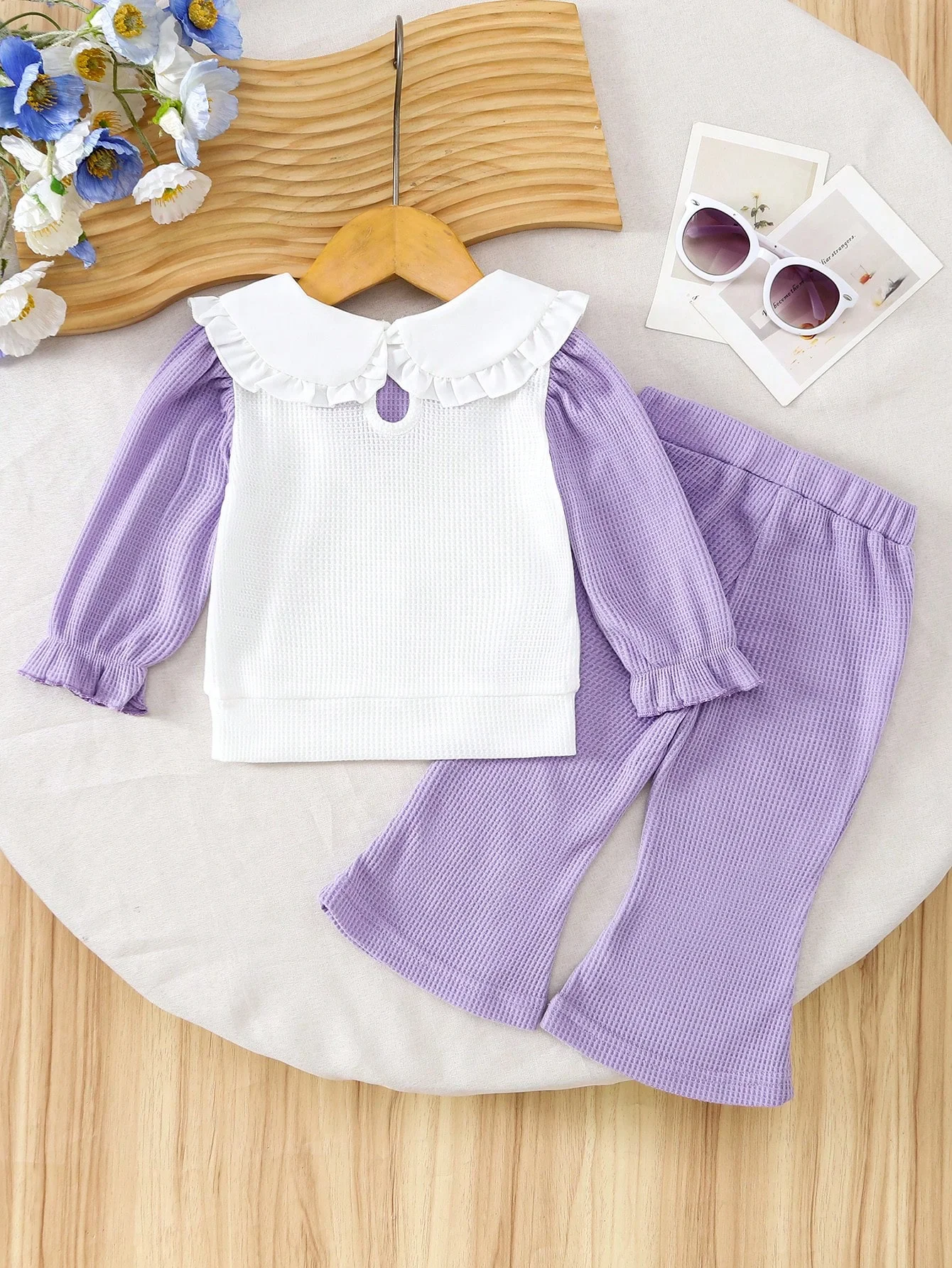 Baby Girl 2Pcs Outfit 6M-3Y Ruffle Peter Pan Collar Waffle Top Flare Pants Cute Spring Toddler Clothing Set