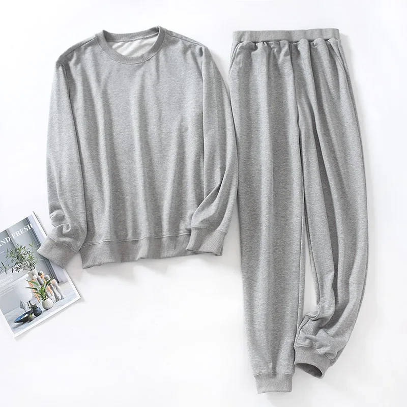 Spring Terry Cotton Sweatshirt Sweatpants Simple Casual Couples Round Neck Pajamas Long Sleeves Trousers Loungewear 2 Pieces Set