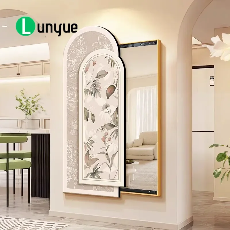French Cream Style Flower and Bird Push-Pull Full Body Mirror Hidden Invisible Wall Art Decorative Painting for Living Room