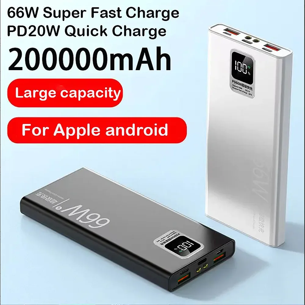 Banque d'alimentation portable à affichage numérique, charge super rapide, batterie externe, iPhone, Android, 200000mAh, 66W