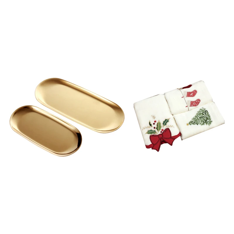 

A96Q-1Set Christmas Series Cotton Towels Christmas Bells Towels & 2 Sets Gold Oval Stainless Steel Trinket Tray