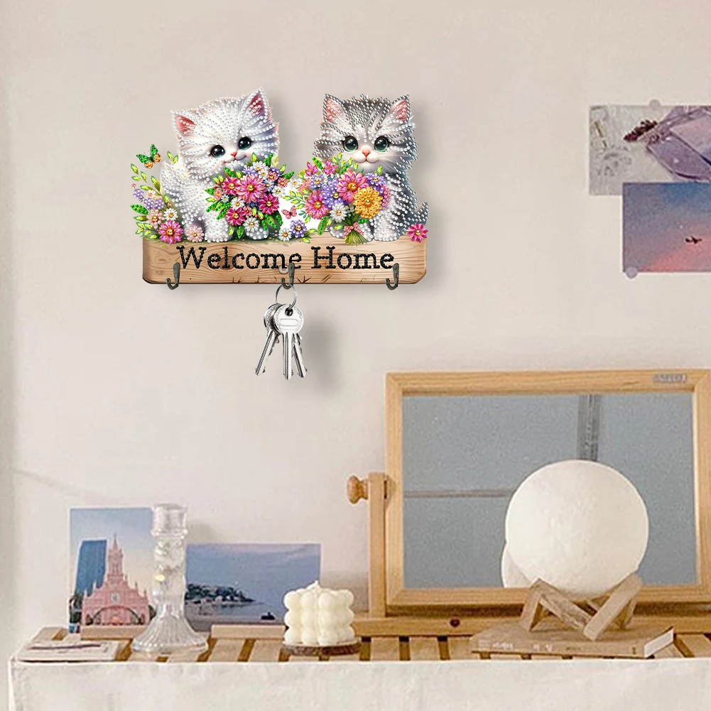 

Wooden Dog & Flower Diamond Art Craft Wall Hooks Cat & Flower 3 Hooks Diamond Painting Hook Rail for Home Office Decor