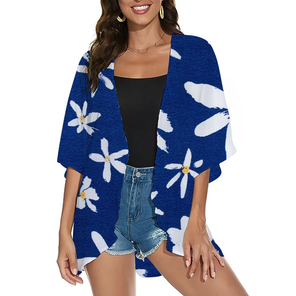 2024 Fashion Women's Floral 3d Print Kimono Cardigan Puff Sleeve Cover Up Top Half Sleeve Shirt Sexy Bikini Swimsuit Kimono Coat