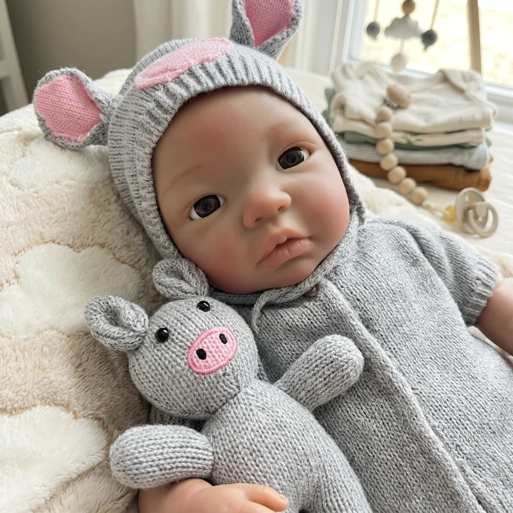 18 Inch Full Body Silicone Reborn Doll Dark Skin Tone With Grey Pig Knitted Hat Outfit Lifelike Newborn Hand Painted Waterproof