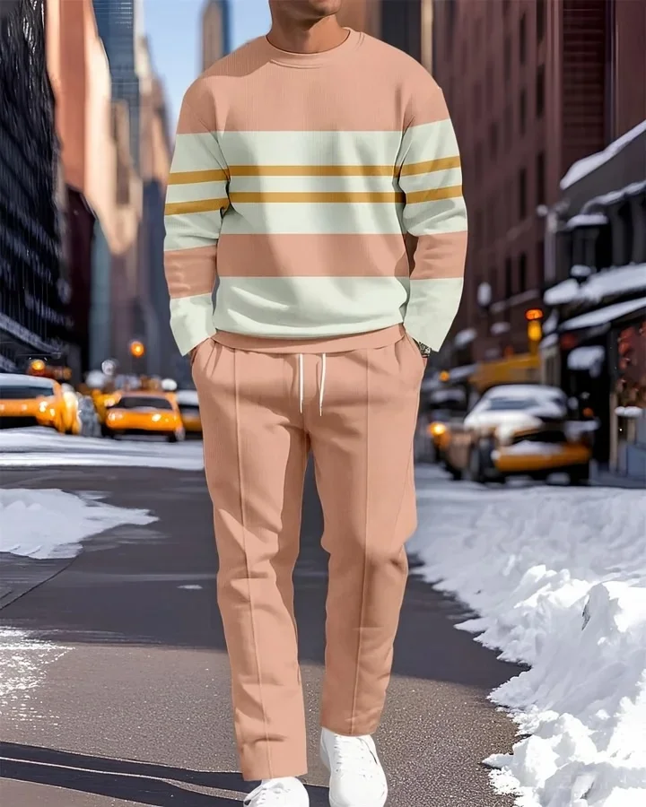 Fashion Simple Casual 3D Print Men's Sportswear Set Long-Sleeved T Shirt Pants 2-Piece Set Oversized Pullover Men Clothing