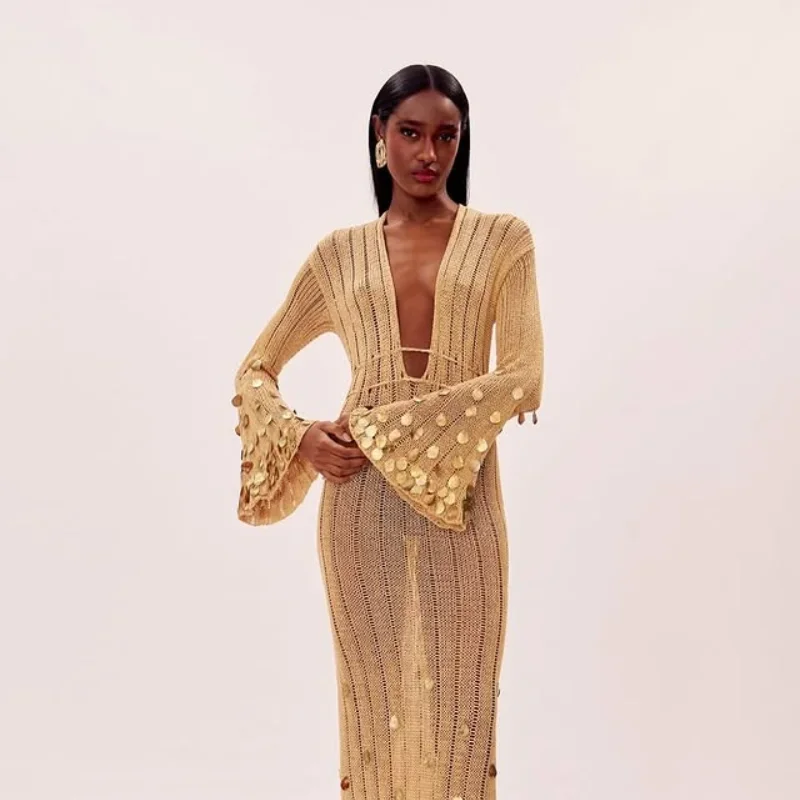 Sexy Sequin Knitted Long Dress Hollow Out Deep V Neck High Waist Robes See Though Party Dresses 2025 New Lady Vacation Clothing