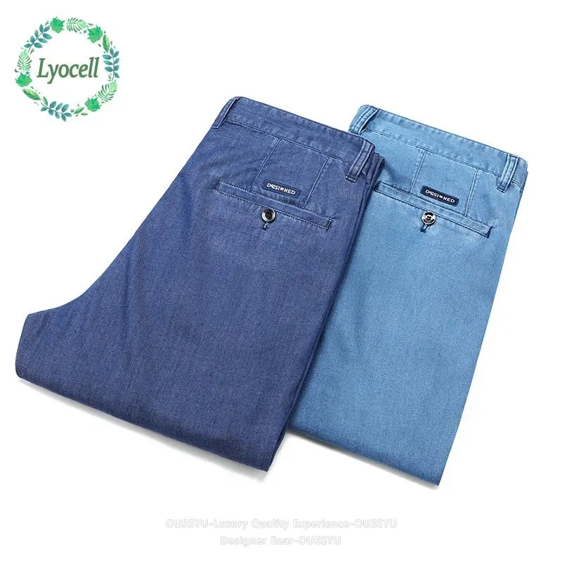 

High Quality Men's Jeans 2026 Summer Thin High Waist Straight Business Pants Mid Age Trousers Man Plus Size 40 42 Father's Day