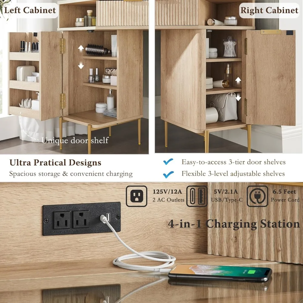 Escritorio de tocador de esquina grande con diseño estriado, triple espejo HD y tapa de cristal para tocador moderno