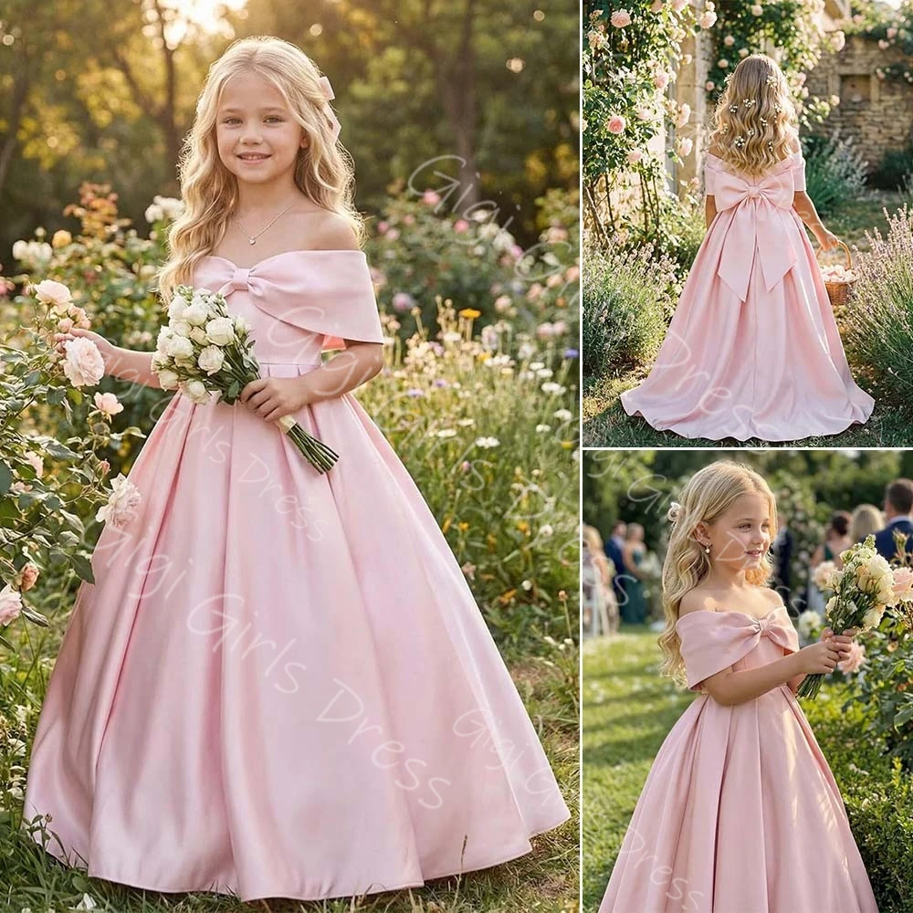 Elegant Princess Satin Flower Girl Dress for Kids Off The Shoulder First Communion Dress with Bow Customized Wedding Party Gown