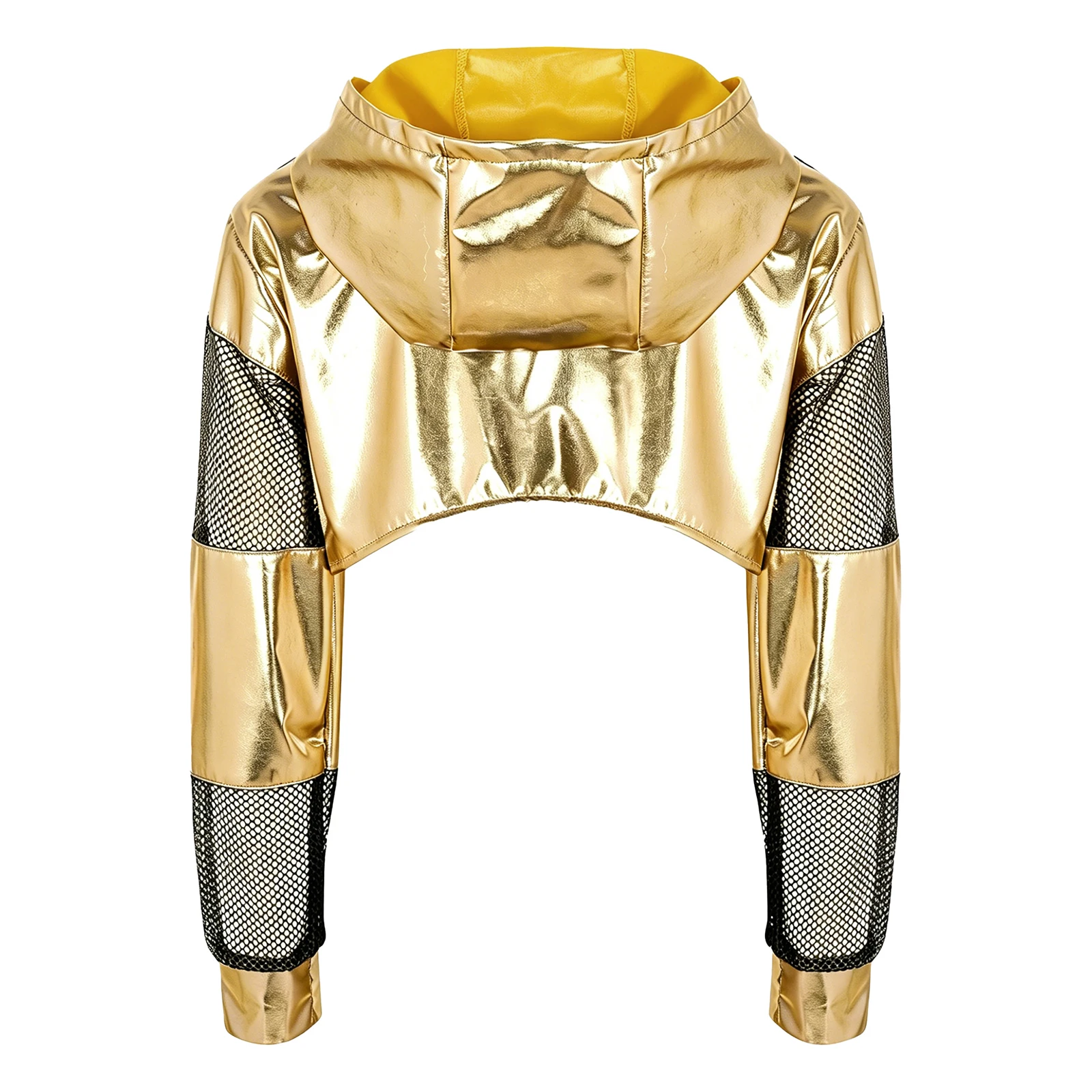 Kinder Mädchen Metallic Hoodie Hip-Hop Jazz Dance Performance Kostüm Mesh Patchwork Langarm Kapuzenpullover Crop Top Sweatshirt – Detail 7