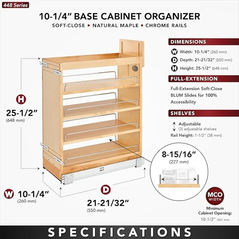 10.25" Pullout Storage Organizer for Base Kitchen/Bathroom Cabinets w/Soft-Close Full Extension Slides & Adjustable Shelves