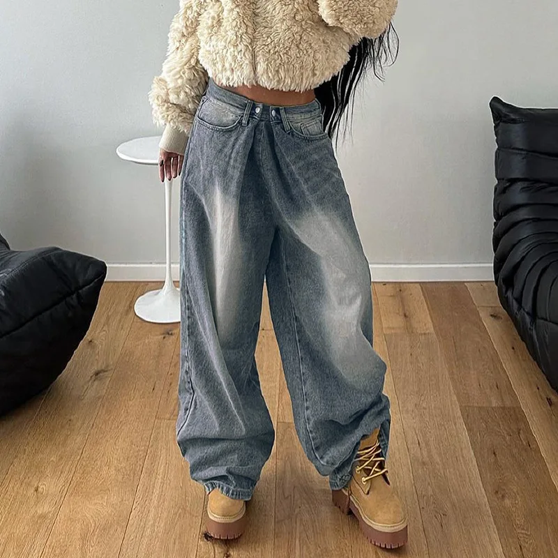 American Trend Retro Tooling Washed Jeans Fashion Spice Design Sense Pleated Waist Casual Loose Trousers for Women