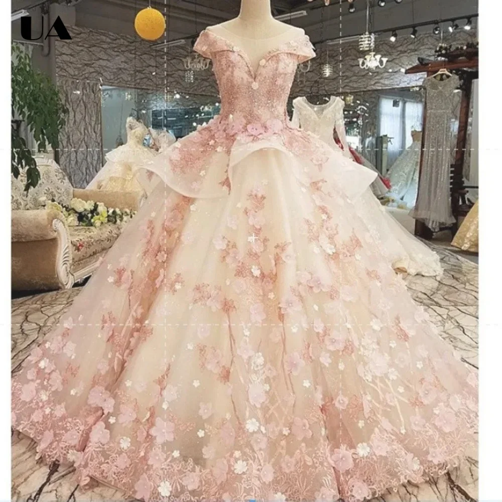 ULBYANRY Customized A-line Off-the-shoulder Sweet 15 Dress, Romantic 3D Flower Quinceanera Dress, Princess Style Mesh Ball Gown