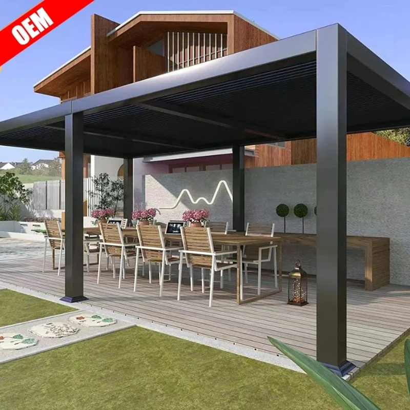 Fully Automatic Motorized Outdoor Canopy Bioclimatic Pergola Waterproof Windproof Durable Aluminum Gazebo Retractable Sliding