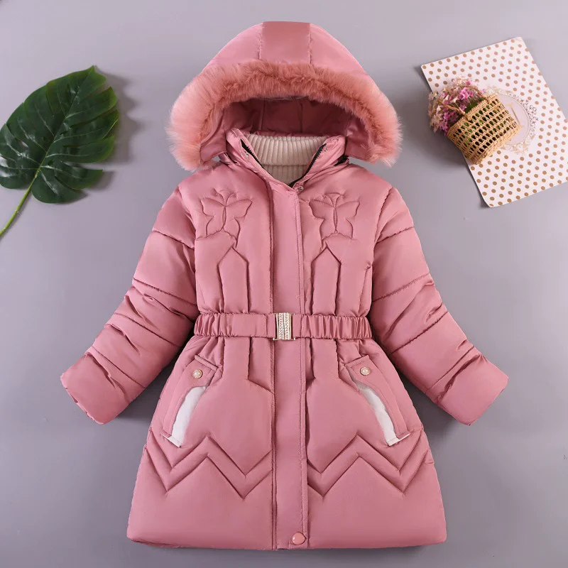 -30℃ Winter Girls Velvet Coats Kids Thick Warm Cotton Jackets Children Furry Hooded Long Parka Solid Overcoat 5-10 Years