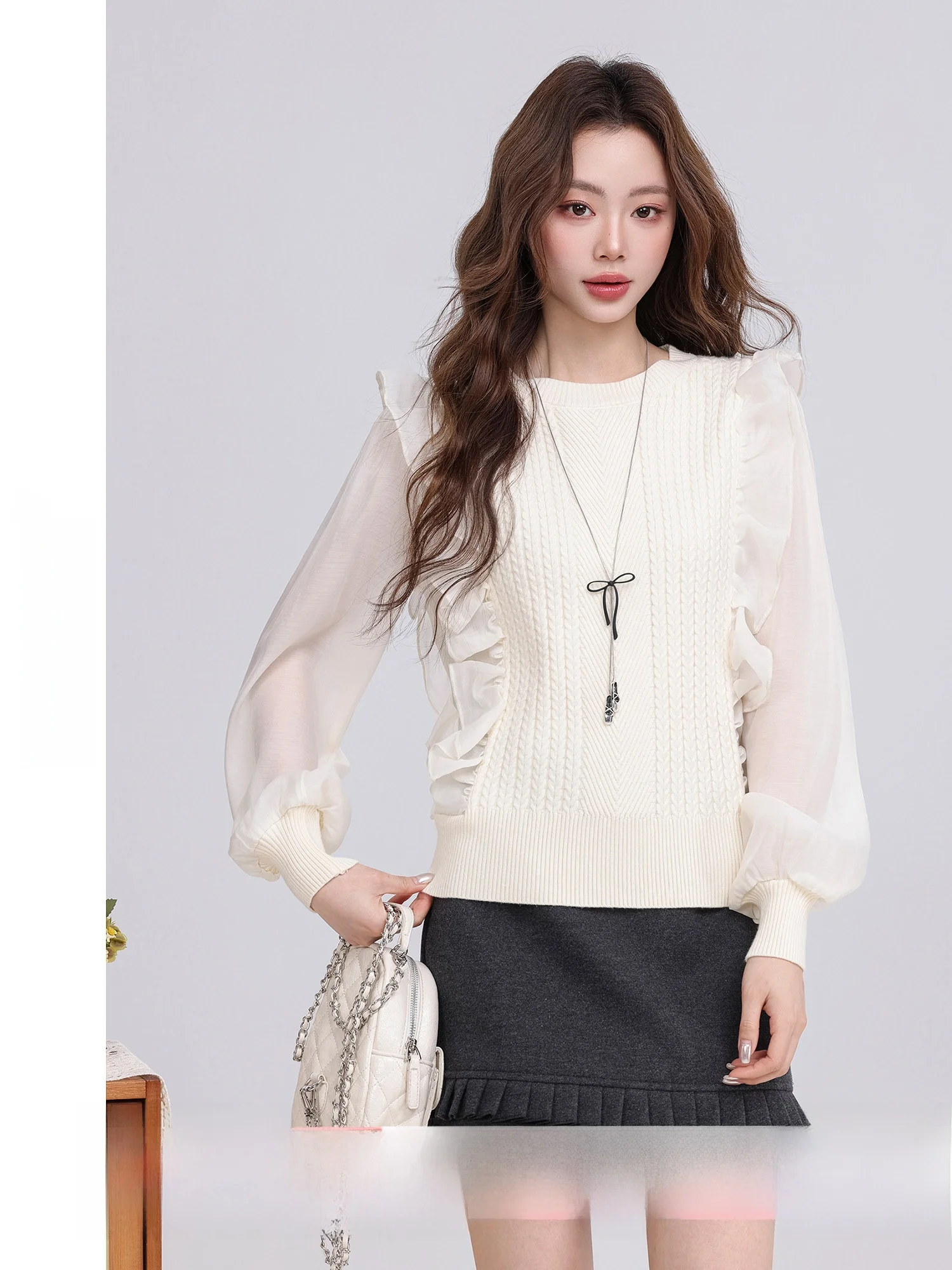 

Gentle Breeze Style Women's Knitted Sweater with Chiffon Splicing Lace Trim Spring 2026 New Arrival Soft Polyester Fiber
