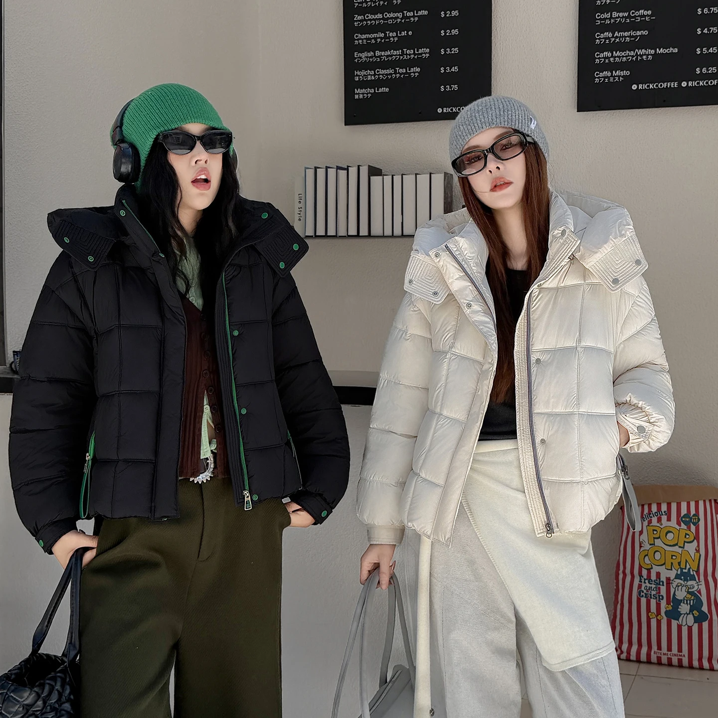 New Ladies Contrast Color Square Quilted Parka Winter Warm Elastic Cuff Zipper Pockets Women Casual Puffer Jacket Outer Garment