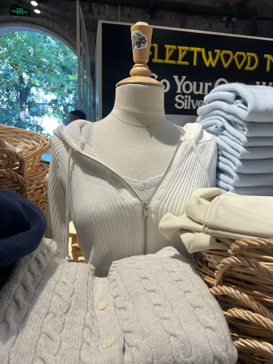 

White Ribbed Sweater Cardigan Woman Autumn Double Zipper Drawstring Hooded Front Pocket Knitted Hoodie Cotton Casual Crop Tops