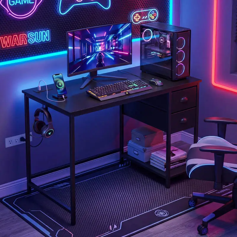 

Computer Desk with Charging Station and 2 Fabric Drawers for Small Spaces-Black