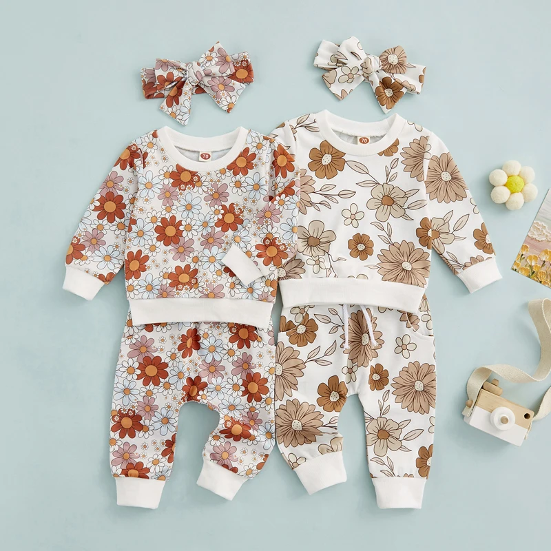 

Kid Baby Girl Autumn Clothes Set Long Sleeve Round Neck Flower Print Pullover Elastic Waist Trousers Headband