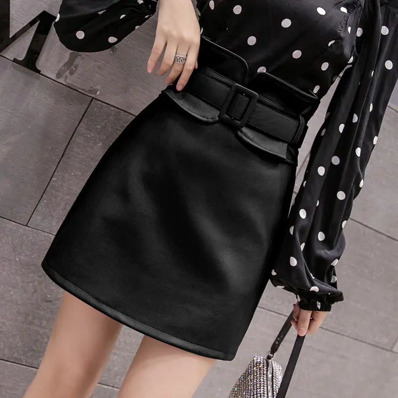 Korean Fashion Autumn Winter new Women Solid Zipper Ruffles Temperamen Office Lady High Waist Short Slim A-line PU Leather Skirt