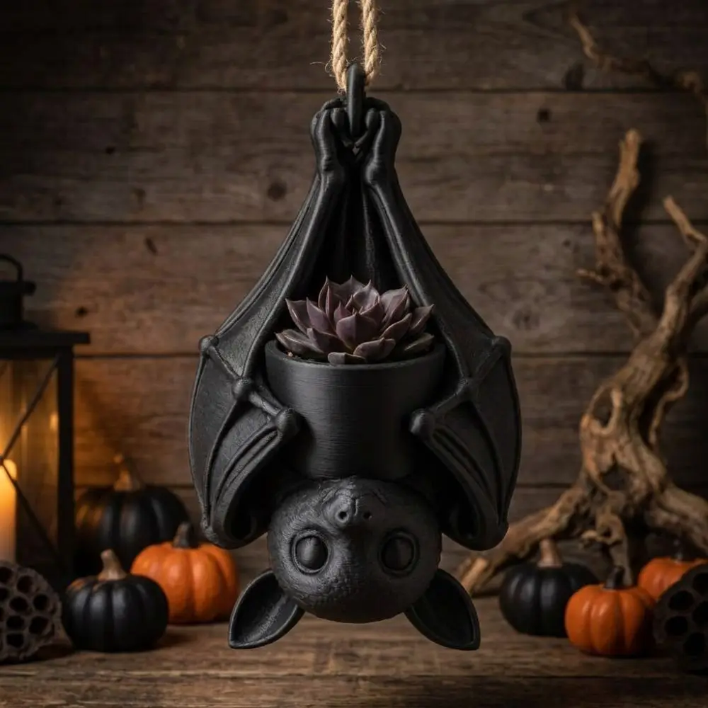 3D Printed Upside Down Bat Hanging Planter Gothic Style Whimsical Bat-Shaped Flower Pot Realistic Plastic Hanging Bat Plant Pot