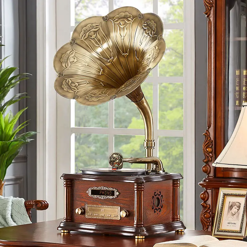 Retro woonkamer Europese fonograaf massief hout mini kleine desktop vintage antieke vinyl platenspeler