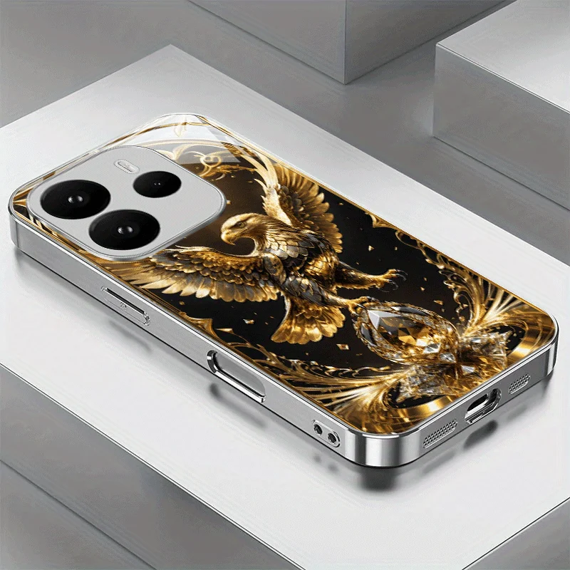 

Gold eagle spreading its wings pattern electroplated glass phone case, suitable for iPhone 17, 16, 15, 14, 13, 12, 11, etc.