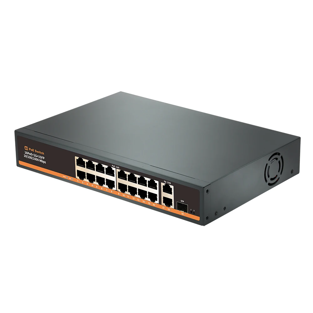 Bullscom 19-poorts PoE-switch |   16 x 10/100 Mbps PoE-poorten (250 W) + 2 x Gigabit RJ45 + 1 x SFP |   Onbeheerde Ethernet-netwerkswitch