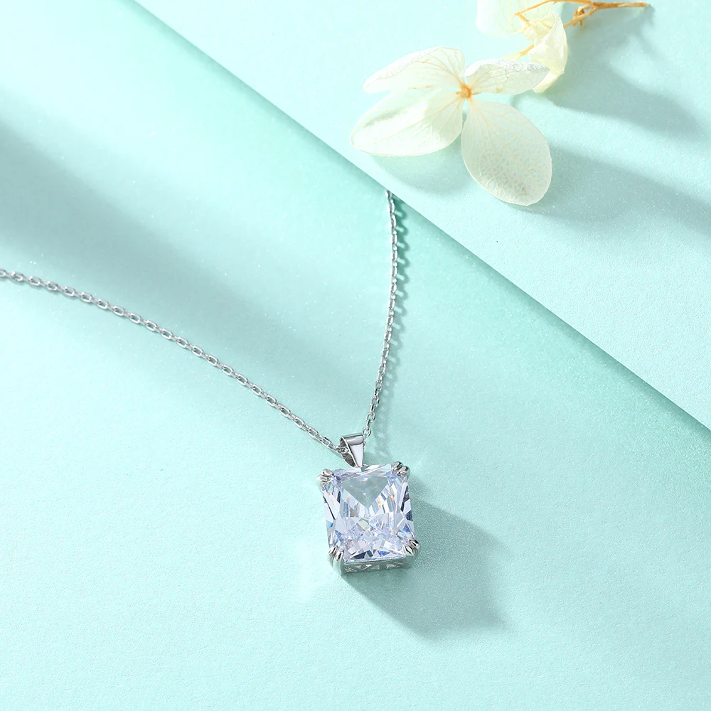 

925 Sterling Silver Pendant Necklace with Fine Gold Chain Rectangular Zircon Stone Diamond Main Stone Prong Setting Jewelry