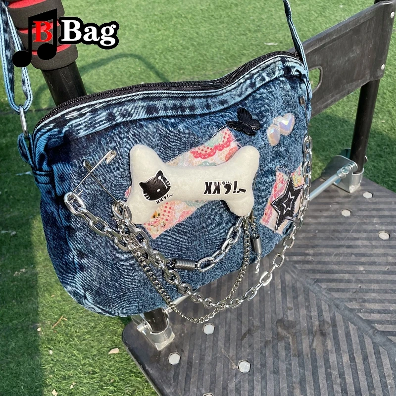 Gothic Hot Girl Denim Bag Y2K Woman Punk Bones Metal Chain Shoulder bag Tote Goth Ladies Lager Capacity Handbag crossbody bags