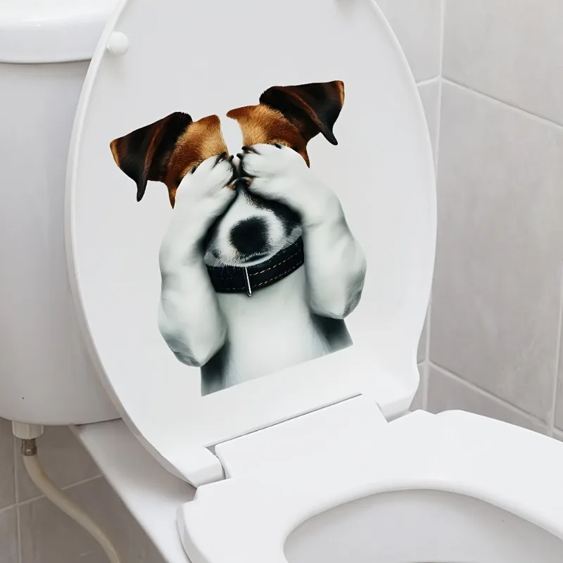 Shy Puppy Self-Adhesive Toilet Sticker - PVC Dog Wall Decal with & Closed Eyes Design , Easy Stick Animal Theme Decoration