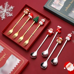 6/4PCS Christmas Gift Glod Silver Spoon Fork Set Elk Christmas Tree Decoration Dessert Scoop Fruit Fork Coffee Spoon Cutlery Set