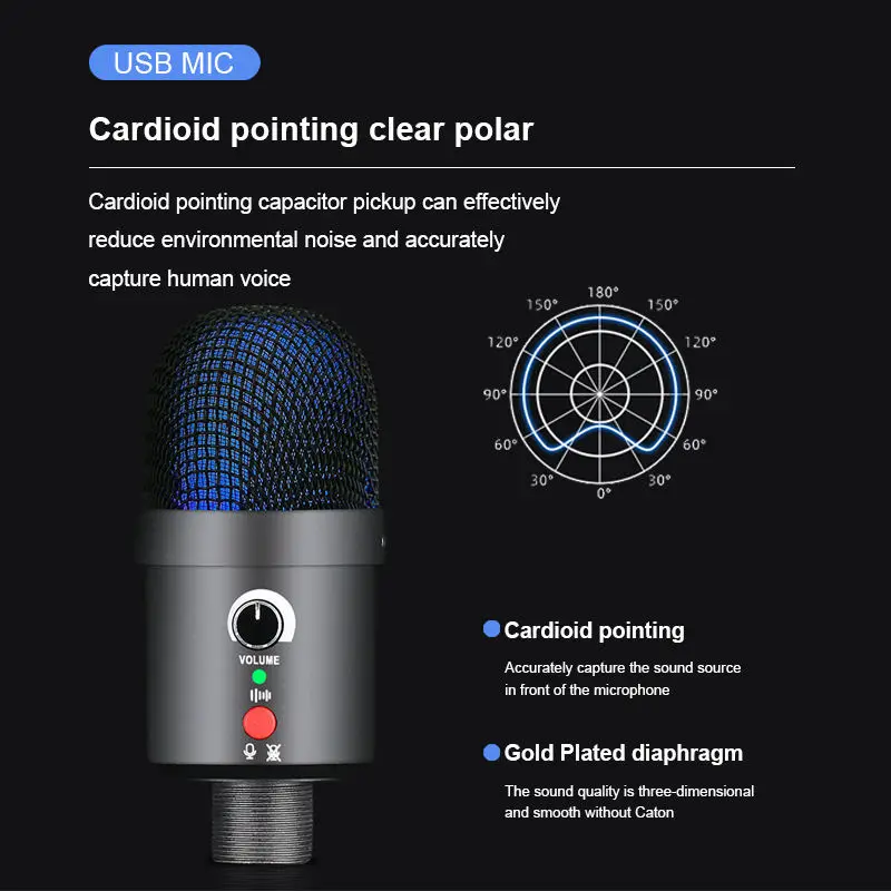 Computer Gaming Mic Wired USB Condenser Stereo Recording Mics With RGB Lights  Desktop For Streaming