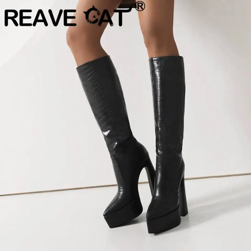 REAVE CAT Knee-High Boots 36cm Shaft Pointed Toe Heels 14cm Platform 5cm Slip On Strip Big Size 43 44 45 Concise