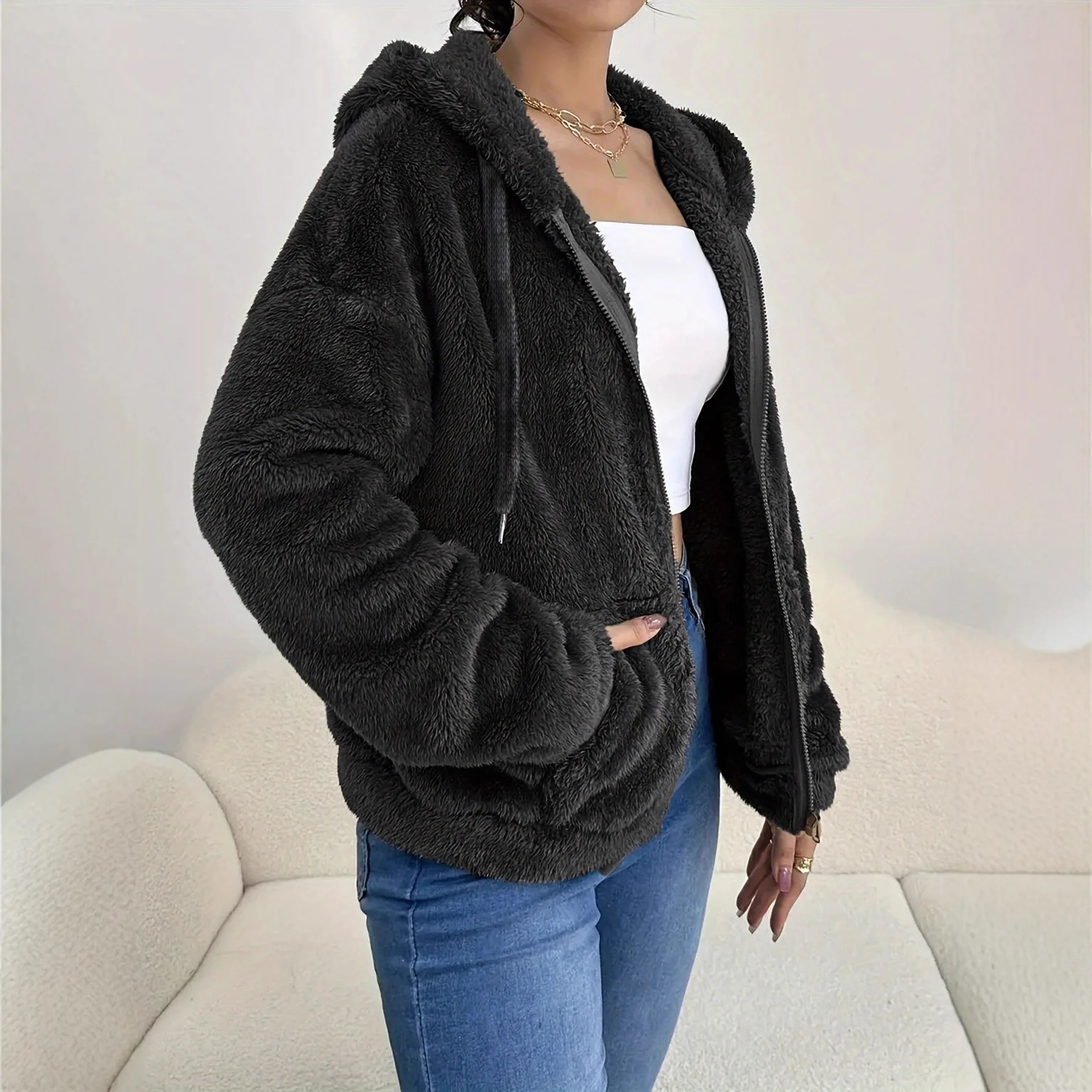 Oberbekleidung Winter Warm Plush Solid Color Jacket Women's Long Sleeve Pocket Zipper Hooded Jacket Ropa De Invierno Para Mujer