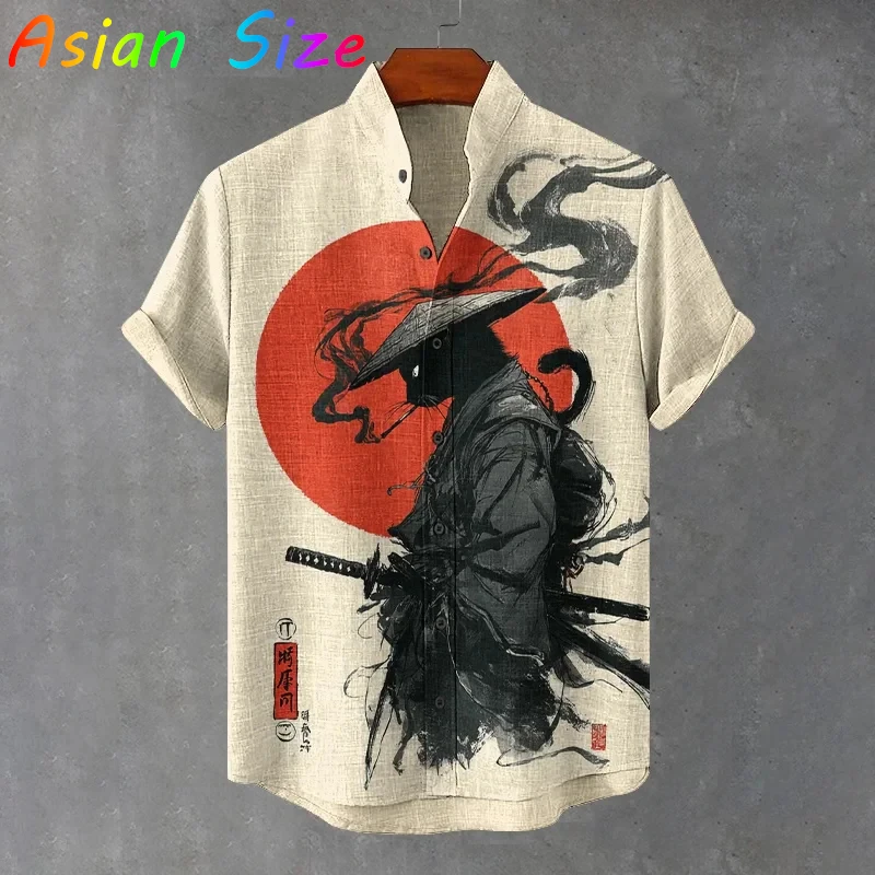 

Мужские и детские рубашки с 3D-принтом в винтажном ретро-стиле «Самурай-ко» (2026), уличные, с коротким рукавом, мультяшные, мужские блузки