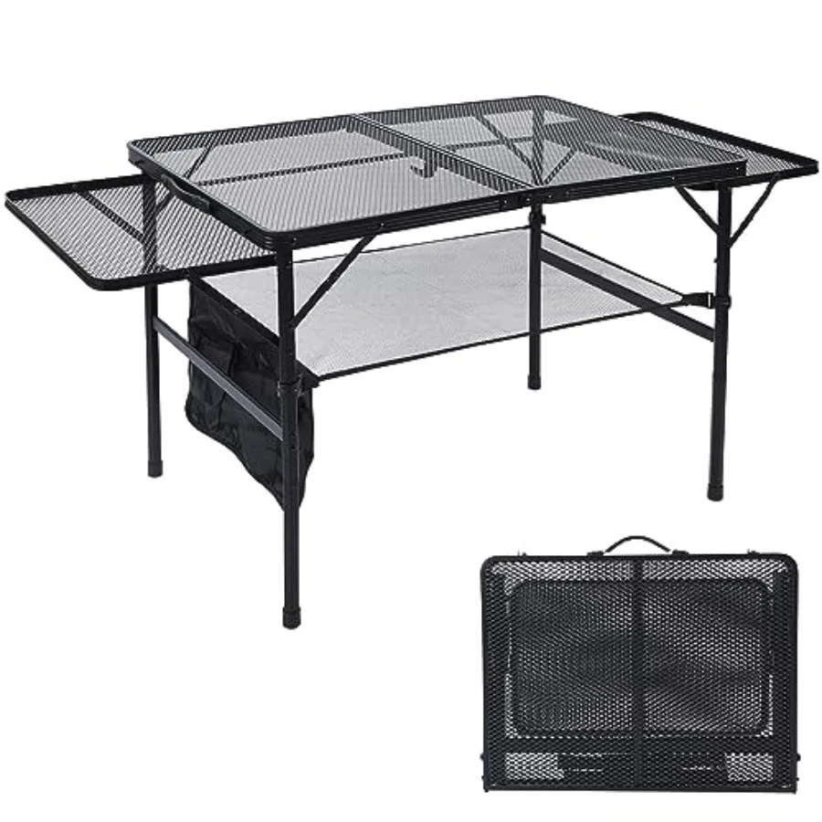 Folding Grill Table Portable Camping Table Wing Height Adjustable Metal Tables with Mesh Desktop and Mesh Bag Outdoor Furniture