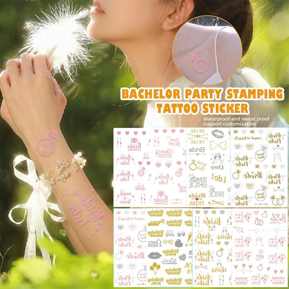 Waterproof Golden Tattoo Sticker for Bachelorette Party Crown Gold Foil Temporary Tattoos for Hand Body Bridal Shower Q9C7