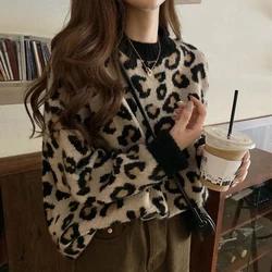 Biyaby Leopard Knitted Sweaters Woman Vintage Lazy Style Loose Jumper Blouse Women 2023 Autumn Winter O-Neck Bottoming Pullovers